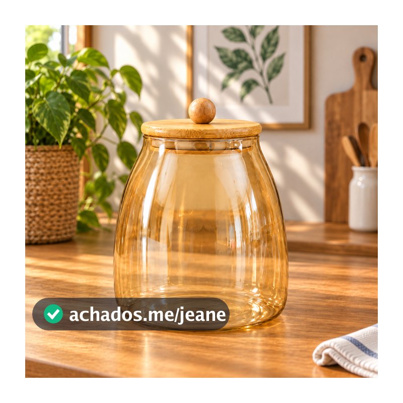 Pote Vidro AMBAR BOLINHA G Hermético C/ Tampa Bambu Arredondado 1Litro Porta Temperos Cozinha