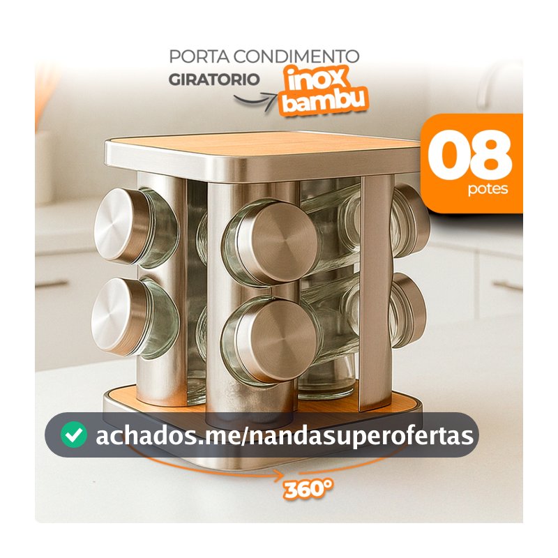 Porta Temperos Giratório Inox e Bambu com 8 Potes – Organizador 360° de Cozinha