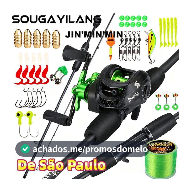 Sougayilang Baitcasting Fishing Combo Carretel De Relação De Engrenagem De Alta Velocidade 7.2 : 1 + Vara De Fibra De Ca