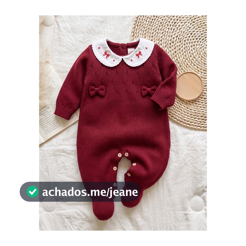 Macacão Tricô Bebê Menina Luxo Maternidade RN com Gola Bordada e Laço