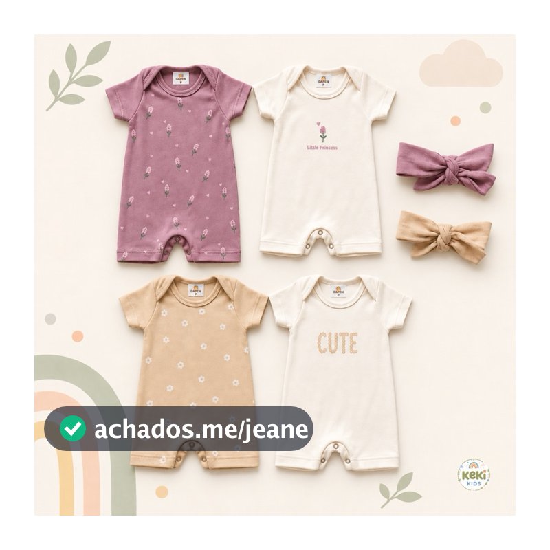 Kit Minimalista Macacão Romper Bebê Verão Menina 3 ou 6 Peças - Tamanho P ao GG - 100% algodão