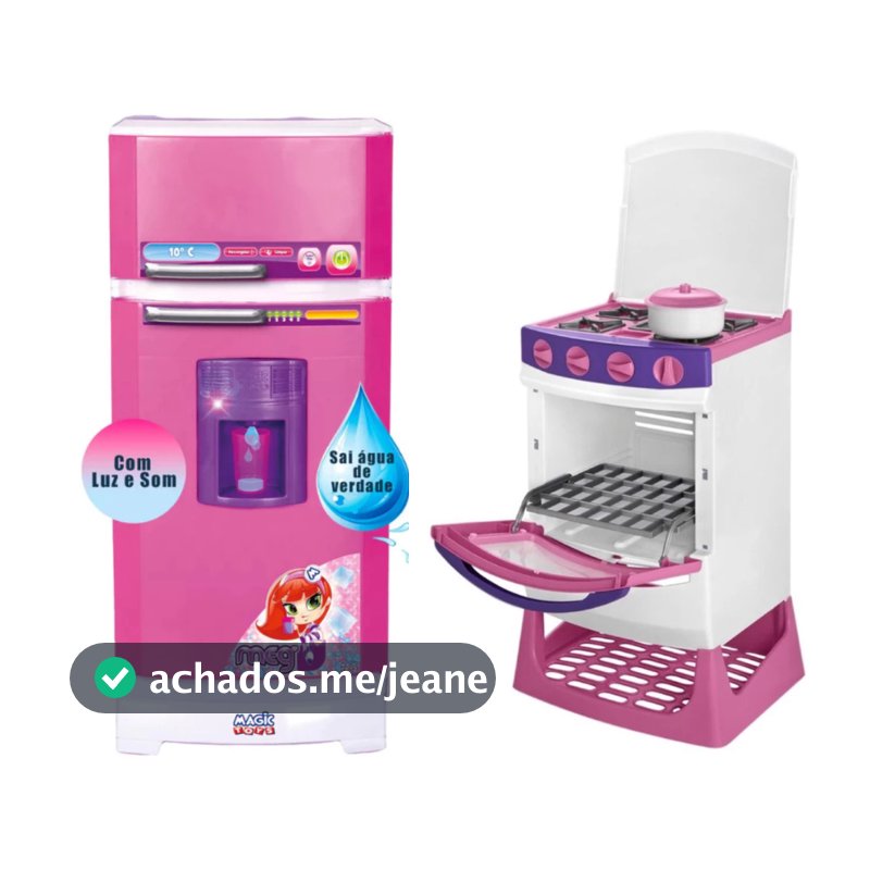 Kit Fogão Infantil com Panelinha e Geladeira Mágica Sai Água de Verdade Cozinha Rosa - Magic Toys