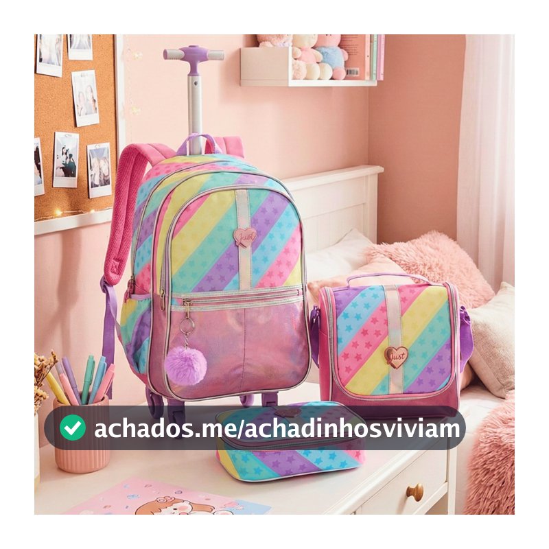 Kit Escolar Mochila Rodinhas 360 Brilhante Juvenil com bolsa térmica e estojo Pré Adolescente Jovem