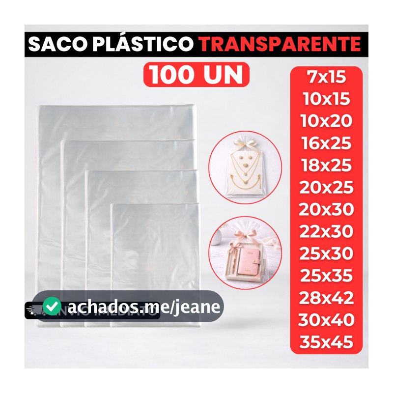 100 Unidades de Saco Plástico Sem Aba Adesiva Transparente Resistente Premium Polipropileno