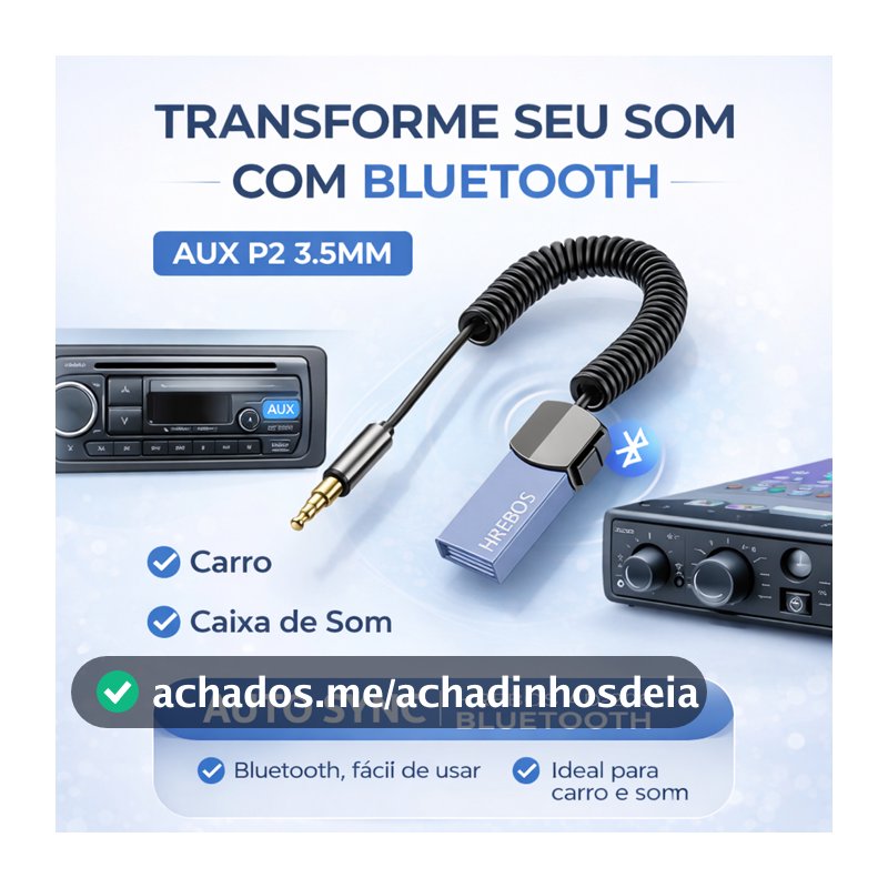Adaptador Buetooth de Áudio para Entrada Auxiliar P2 3,5 mm Mic Auto Sync Hrebos AD-206 Receptor