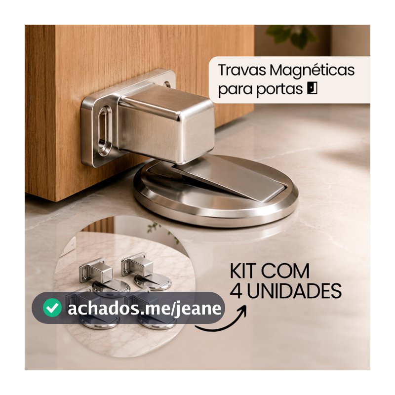 Kit 4 Trava Prendedor Fixador de Porta Magnético Adesivo Amortece Impacto Inox Cromado Trava Batedor Porta Slim