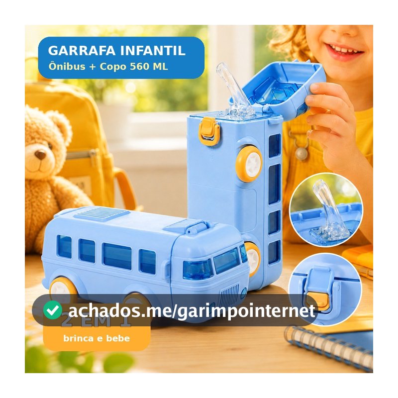 Copo Infantil Ônibus 2 em 1 Brinquedo e Garrafa 560ml com Canudo Anti Vazamento