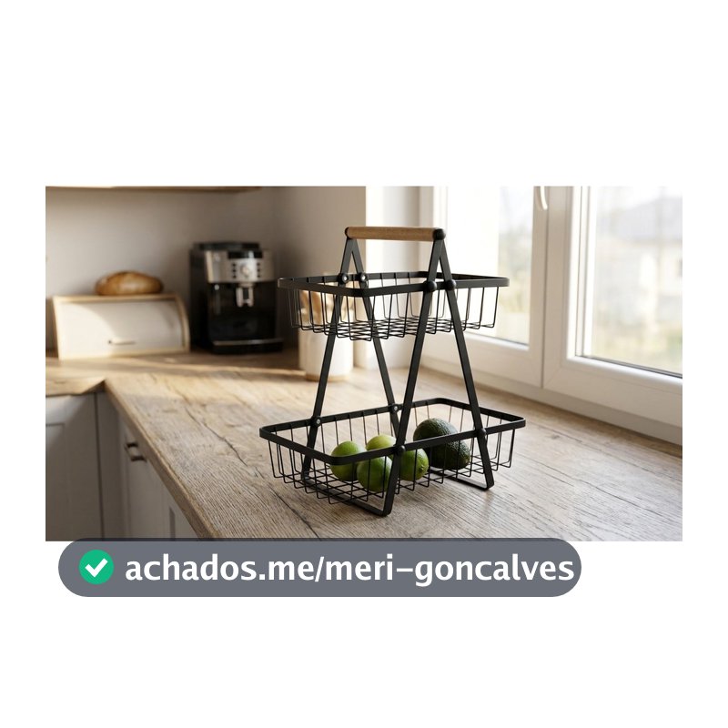 Fruteira Cesto Organizador Duplo Níveis Aramado Preto Alça Madeira Decoração Cozinha Premium