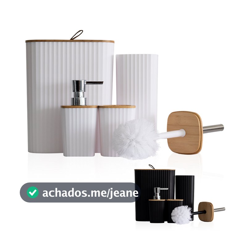 Kit de Banheiro Completo com 6 ou 4 Peças Lixeira com Tampa Fechada e Basculante Bambu Para Lavabo