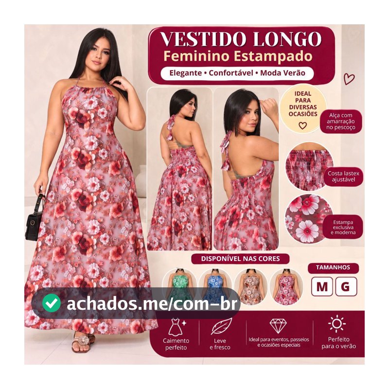 Vestido Feminino Longo Estampado Alça Amarração no Pescoço Costa Lastex Moda Verão