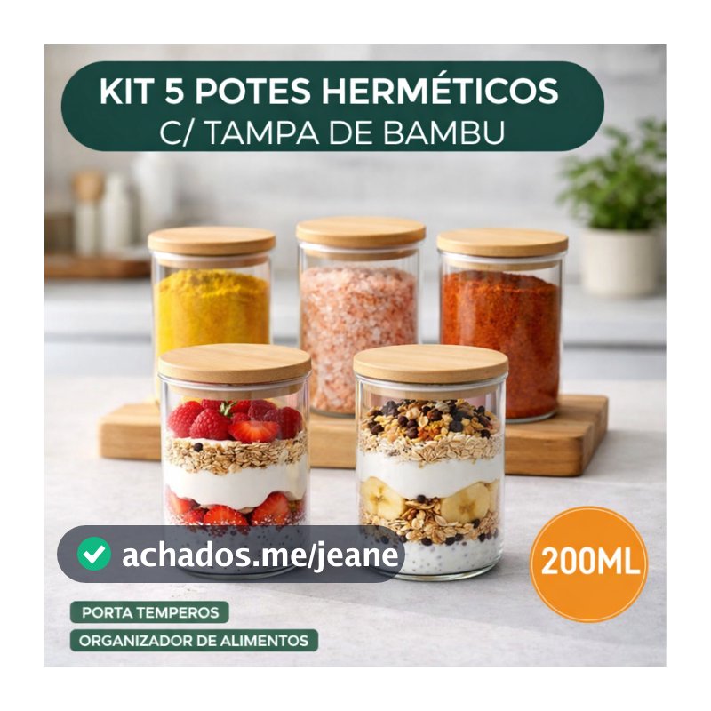 Kit 5 Potes Herméticos Vidro Tampa Bambu 200ml Borossilicato Organizador Tempero Sobremesa