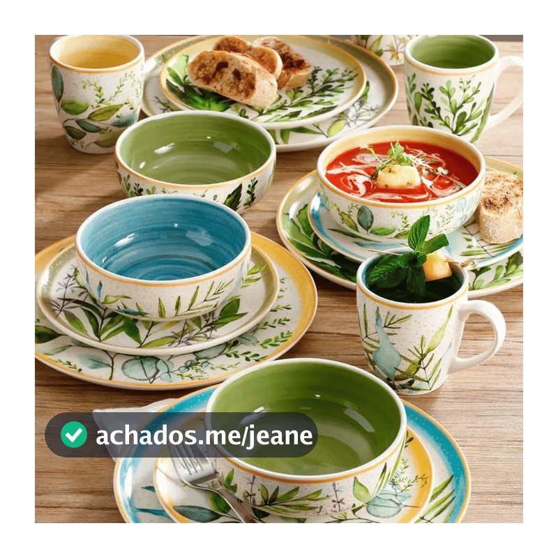 Aparelho De Jantar Ceramica Siena Planta 16 Pecas Estampa Botanica Folhas Mesa Posta Varanda Gourmet Luxo