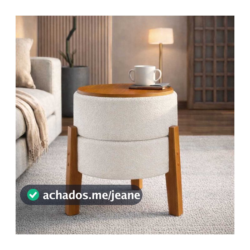 Puff Mesa Versa Redondo Decorativo com Pés em Madeira Mesinha 2 em 1 Tecido Boucle Multiuso - Loja Nosso Canto