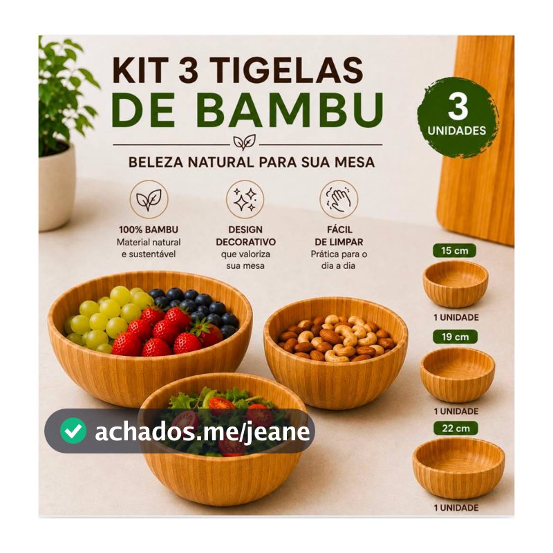 Kit 3 Bowl Tigela Saladeira Fruteira Pote Canelado Redondo Bambu 15cm-500ml 18cm-1000ml 22cm-1500ml