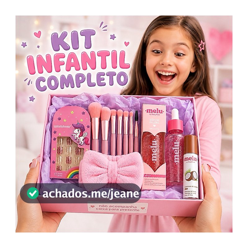 Kit Presente Infantil Menina Completo Spa Infantil Melu Sérum Gloss Tiara Pincéis Unhas Postiças Dia das Crianças