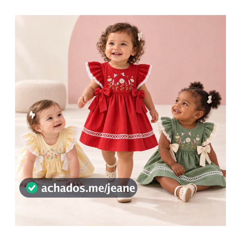 Vestido Feminino Infantil Com Amarração Lateral Vestido Kids com Babadinhos em Mangas Bordado Floral