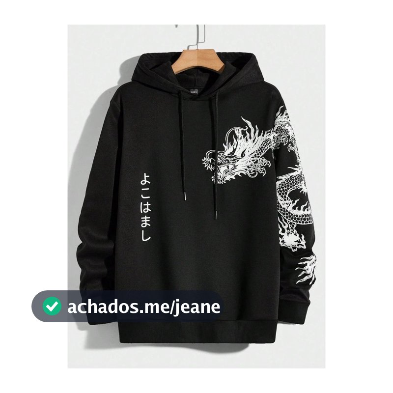 Moletom Canguru Capuz Bolso Blusa de Frio Feminino Masculino Unissex Algodão Dragão Japonês