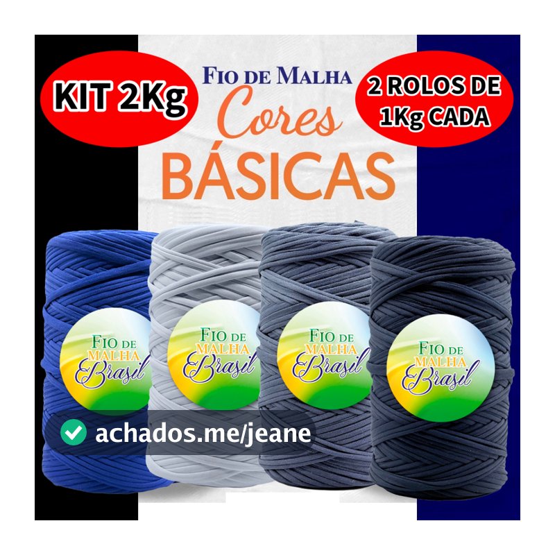 Fio de Malha Brasil Kit 2Kg - Cores Neutras - Preto, Branco, Azul Marinho, Cinza, Cinza Mescla - Crochê Fio Residual