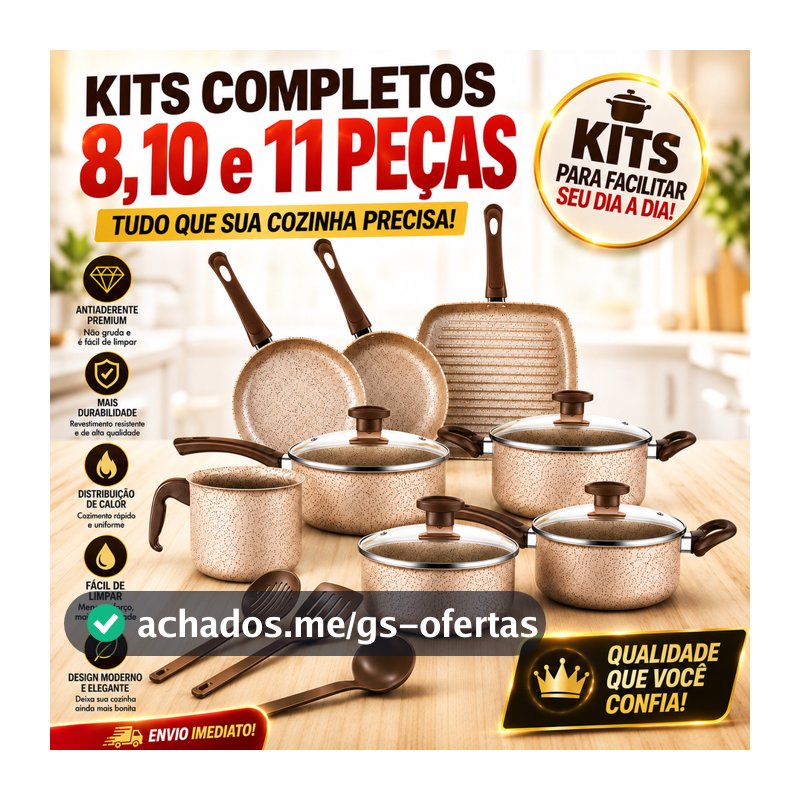 Jogo de Panelas Antiaderente, Kit com 8, 10 ou 11 Peças - Com Tampas de Vidro e Utensílios