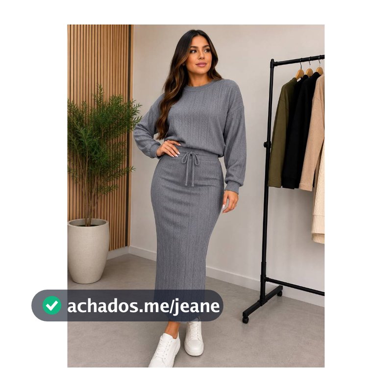Conjunto Blusa Manga Longa e Saia Midi