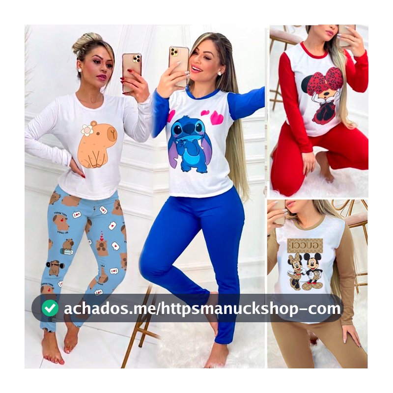Pijama Feminino Malha Suede Manga Longa Luxo Inverno Personagens