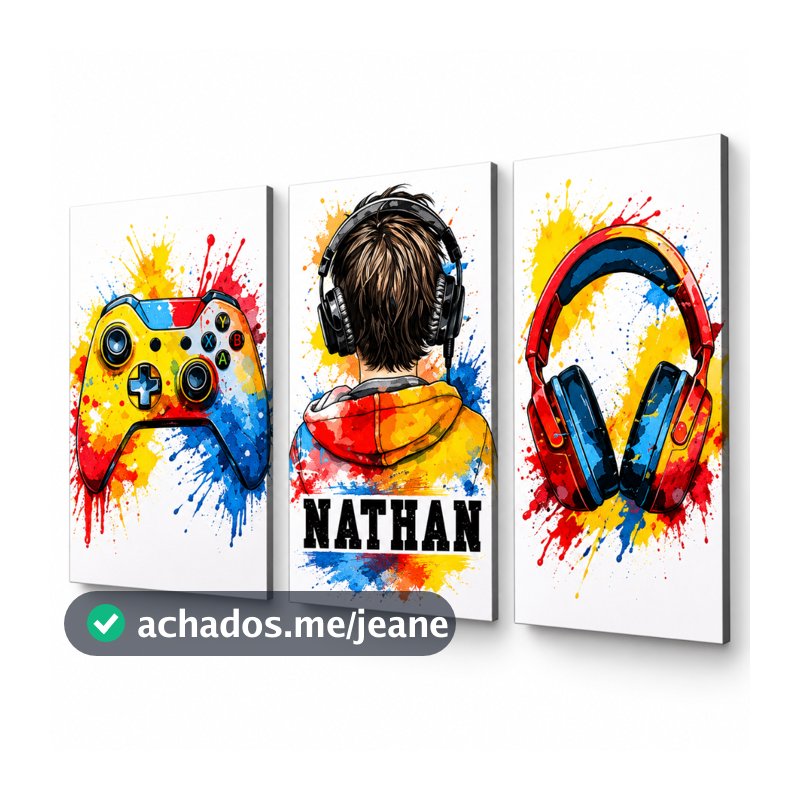 Kit 3 quadros decorativos modernos infantil personalizado com seu nome criança menino gamer controle fone coloridos