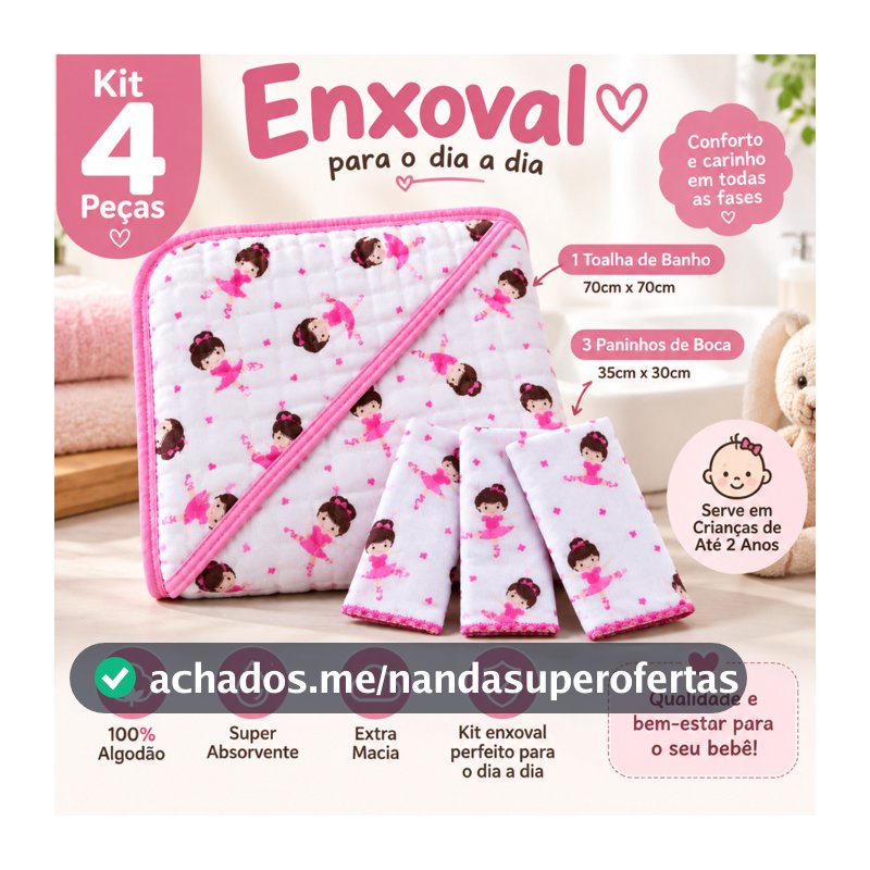 Kit Enxoval 4 Peças 1 Toalha de Banho Bebe Soft de Fralda  + 3 Paninho Fralda de Boca 100% algodão