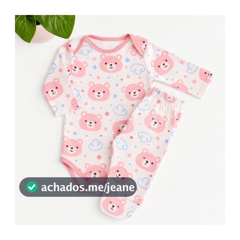 Conjunto de bebê body manga longa e calça 100% algodão antialérgico estampa do Urso Rosa bebe.