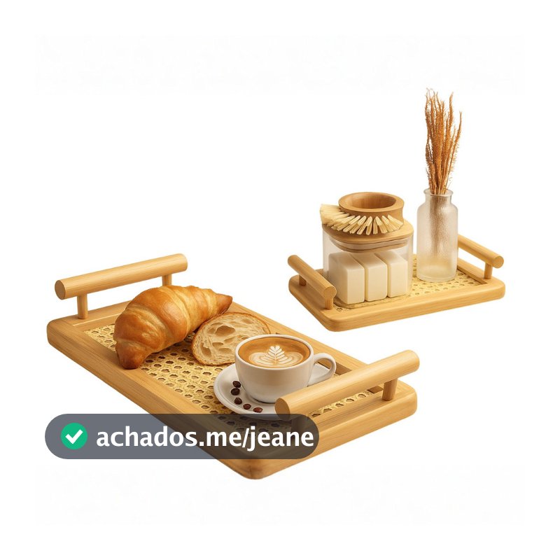 Bandeja de Madeira Bambu Palha C/ Alça Servir Café Decoração