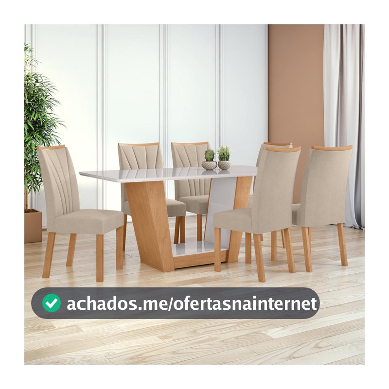 Mesa 1,70 Apogeu com Vidro e 6 cadeiras.Apogeu Veludo Naturale Creme Amêndoa Clean/Off White