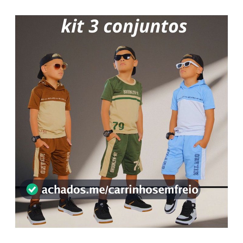 Kit Com 3 Conjuntos infantil Juvenil  Lançamento Verão Roupa de menino Camisa e Bermuda 2 ao 14 Anos