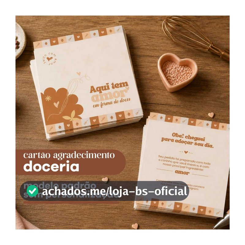Cartão de Agradecimento Padrão Doceria - Frente e verso - 50, 100 ou 200 unidades
