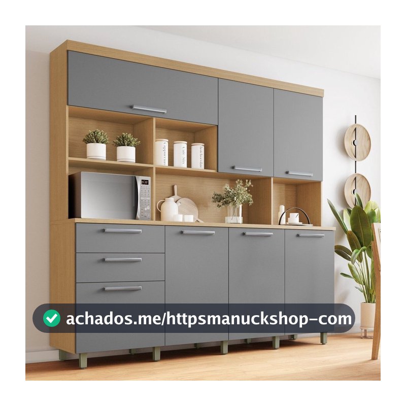 Armário de Cozinha 7 Portas 2 Gavetas 210cm 100% MDF Nobreza Marrom/Carvalho/Titânio Carvalho/Titânio