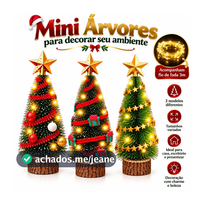 Kit de Mini Árvores de Natal Decorada com Estrelas Bolinhas ou Presentes + Fio fada a Pilha Decoração Natalina