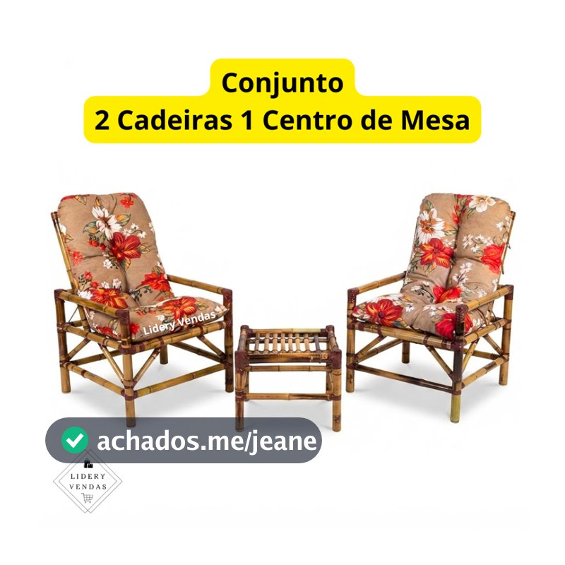Jogo de Cadeiras e mesa de Bambu com almofadas 3 unidades Sofá Cadeira de Descanso Área externa Sitio Poltrona Lazer