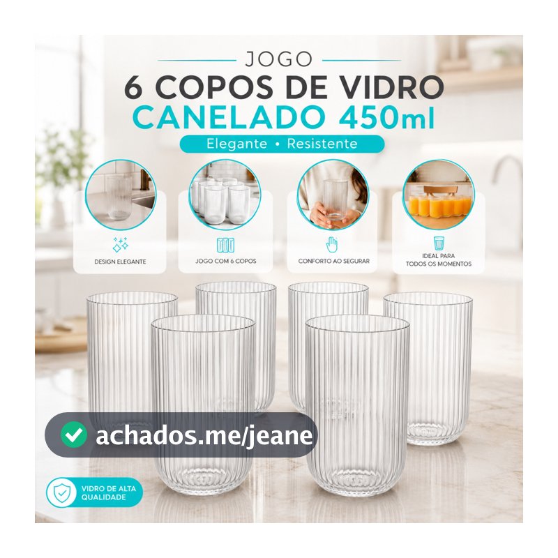 Jogo 6 Copos de Vidro Canelado 450ml Elegante Resistente para Água Suco e Drinks