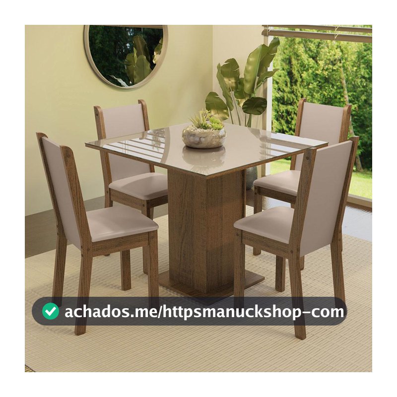 Conjunto Sala de Jantar Mesa Tampo de Vidro 4 Cadeiras Rustic/Crema/Bege Tifani Madesa