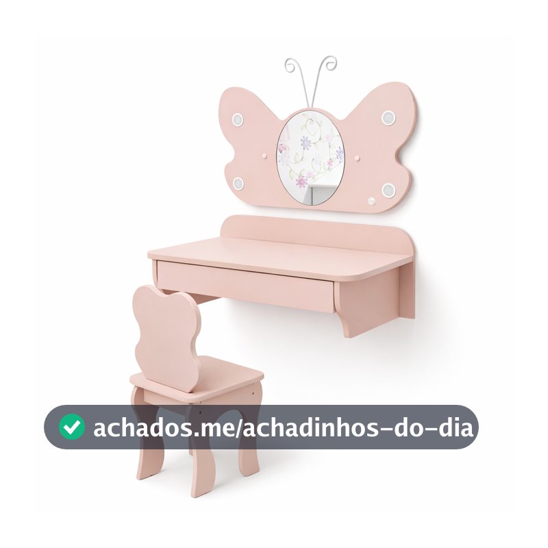 Penteadeira Infantil Em MDF Iluminação LED Embutido Espelho Banqueta Inclusa Criança Quarto Rosa