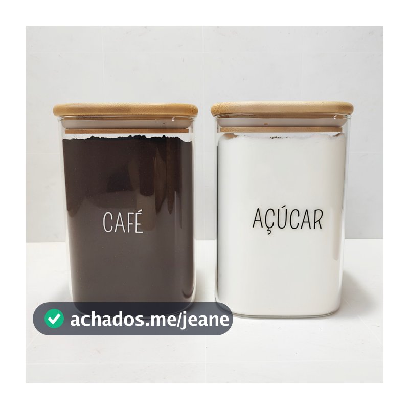 Kit 2 Potes Hermético Vidro Quadrado Personalizado Resistente 1,1 Litros Tampa de Bambu Café Açúcar