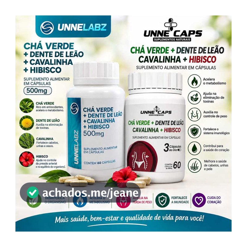 Chá Verde + Dente de Leão + Cavalinha + Hibisco 60 e 120 Cápsulas | Suplemento Alimentar
