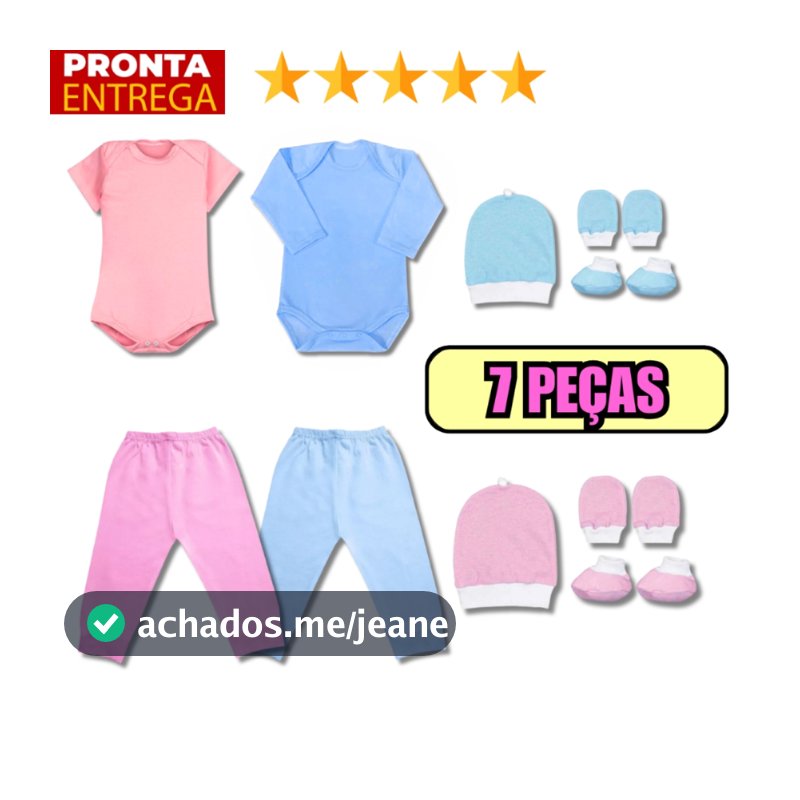 Kit 7 Peças Body Mijão Touca Luvinha Meia Enxoval Bebê Cor Lisa