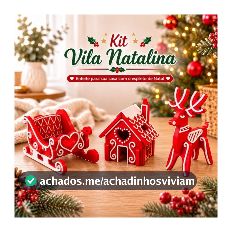 Kit Vila Natalina Decorativa 3 Peças Trenó, Casinha e Rena Enfeite de Natal decoração de casa