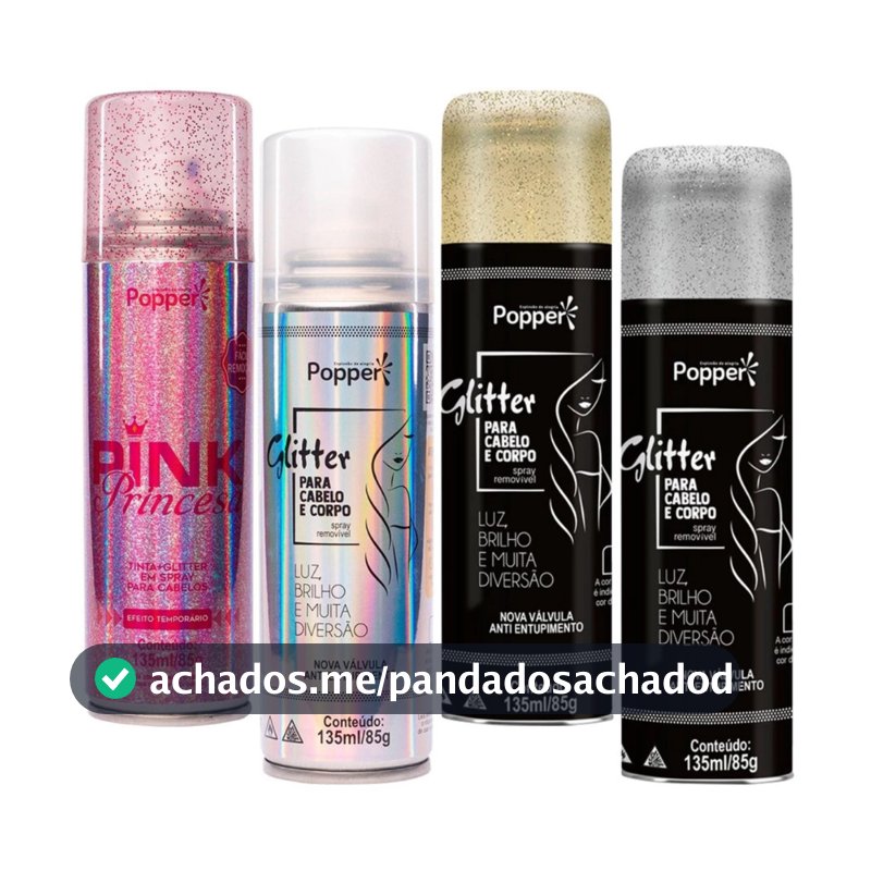 Spray De Glitter Cabelo e Corpo Roupa Popper 135ml Prata - Dourado - Rosa e Holografico