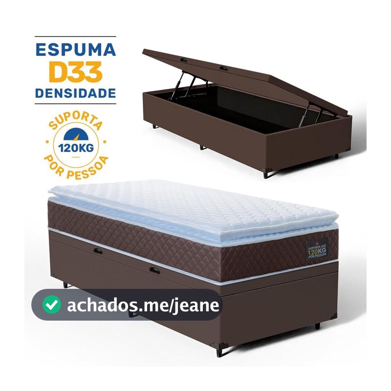 Cama Box Baú com Colchão de Espuma D33 Pillow Top Comfort Luxo Solteiro 88cm