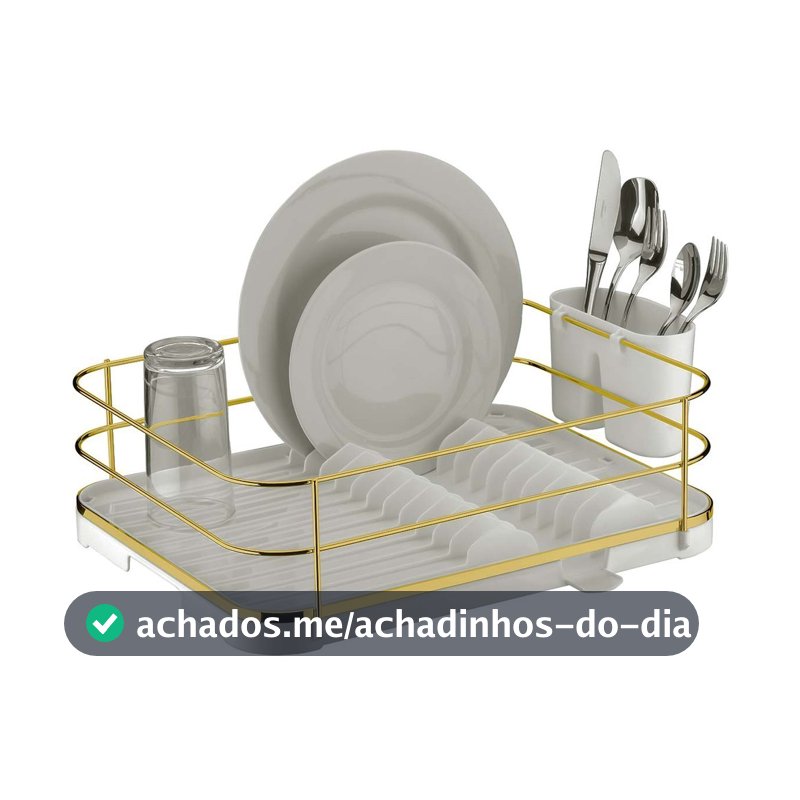Escorredor de Prato Bandeja Coletora Branco Dourado