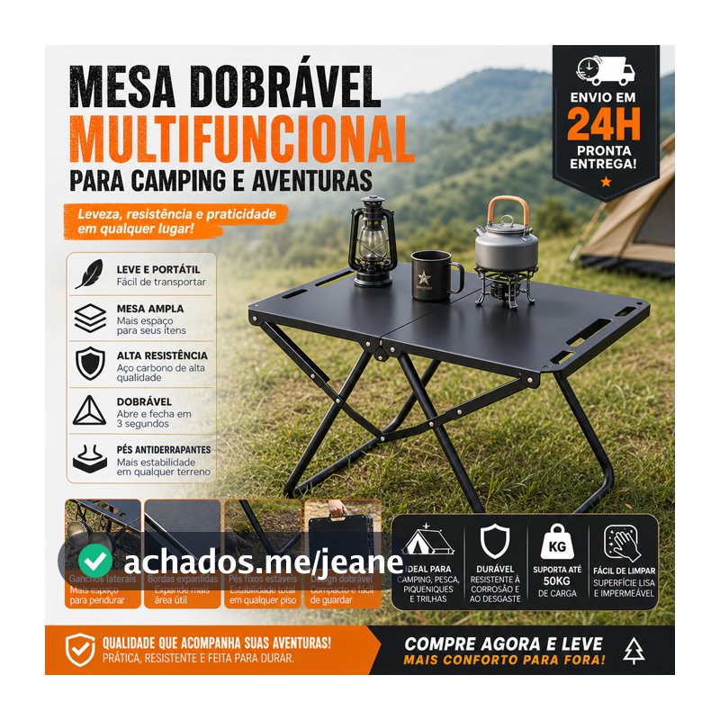 Mesa Tática Dobrável Camping Aço Carbono Suporta 50kg Gancho Lateral Portátil Pesca Piquenique Envio 24h