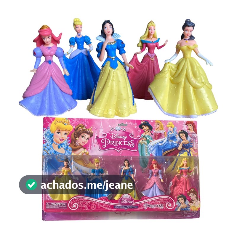 Kit cartelado 5 Bonequinhas  Princesas da Disney Bela/Cinderela/Bela Adormecida/Branca de Neve Ariel Rosa
