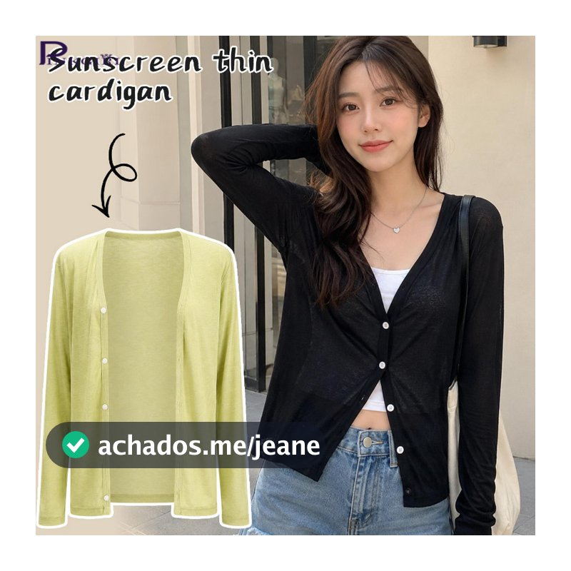 [Chic] Cardigã Feminino Com Decote Em V E Botões – Roupas De Verão Para Atividades Ao Ar Livre Tops Soltos De Manga Comp