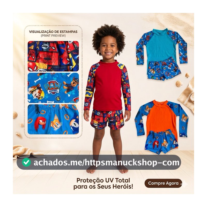 Conjunto Sunga + Camiseta proteção UV 50 infantil  natação /Moda praia personagens /Autismo