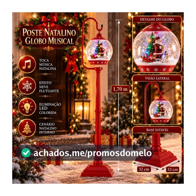 Poste Natalino Musical 1,70m Globo com Luz LED Colorida e Neve Artificial Decoração de Natal